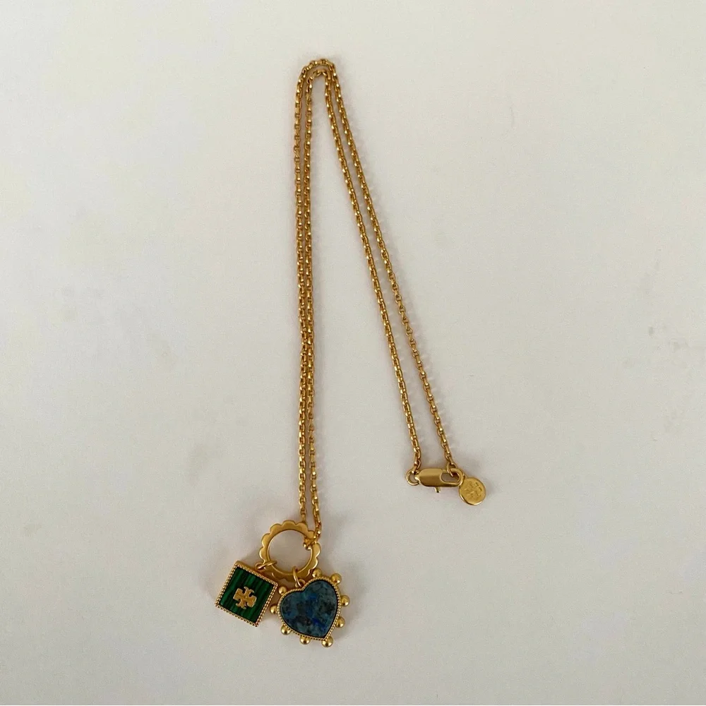 NWOT Tory Burch Semi-Precious Gold Tone Blue/Green Lapis Logo Pendant Necklace